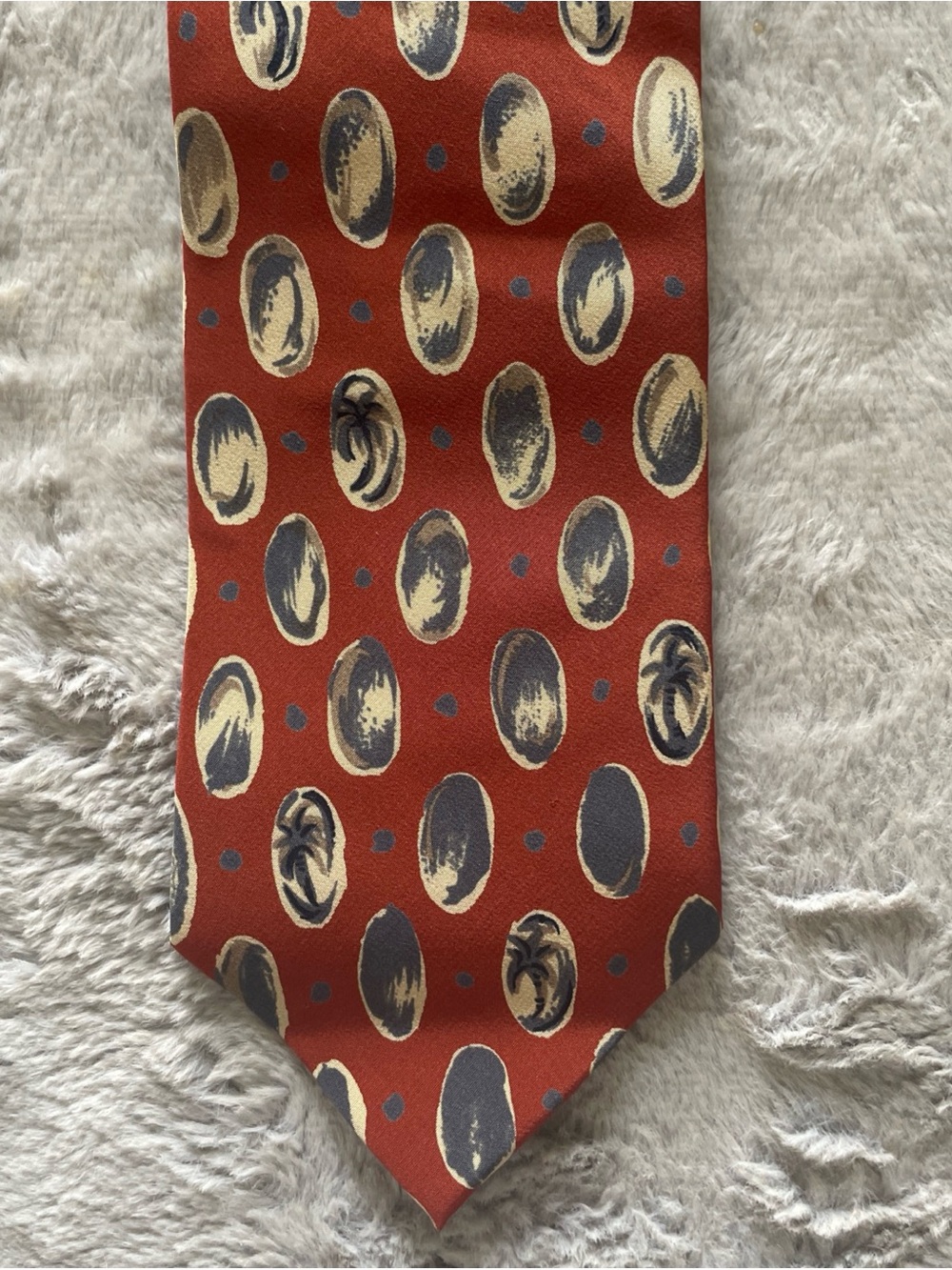 Yukiko Rust Red Silk Tie with Navy and Cream Oval Motifs